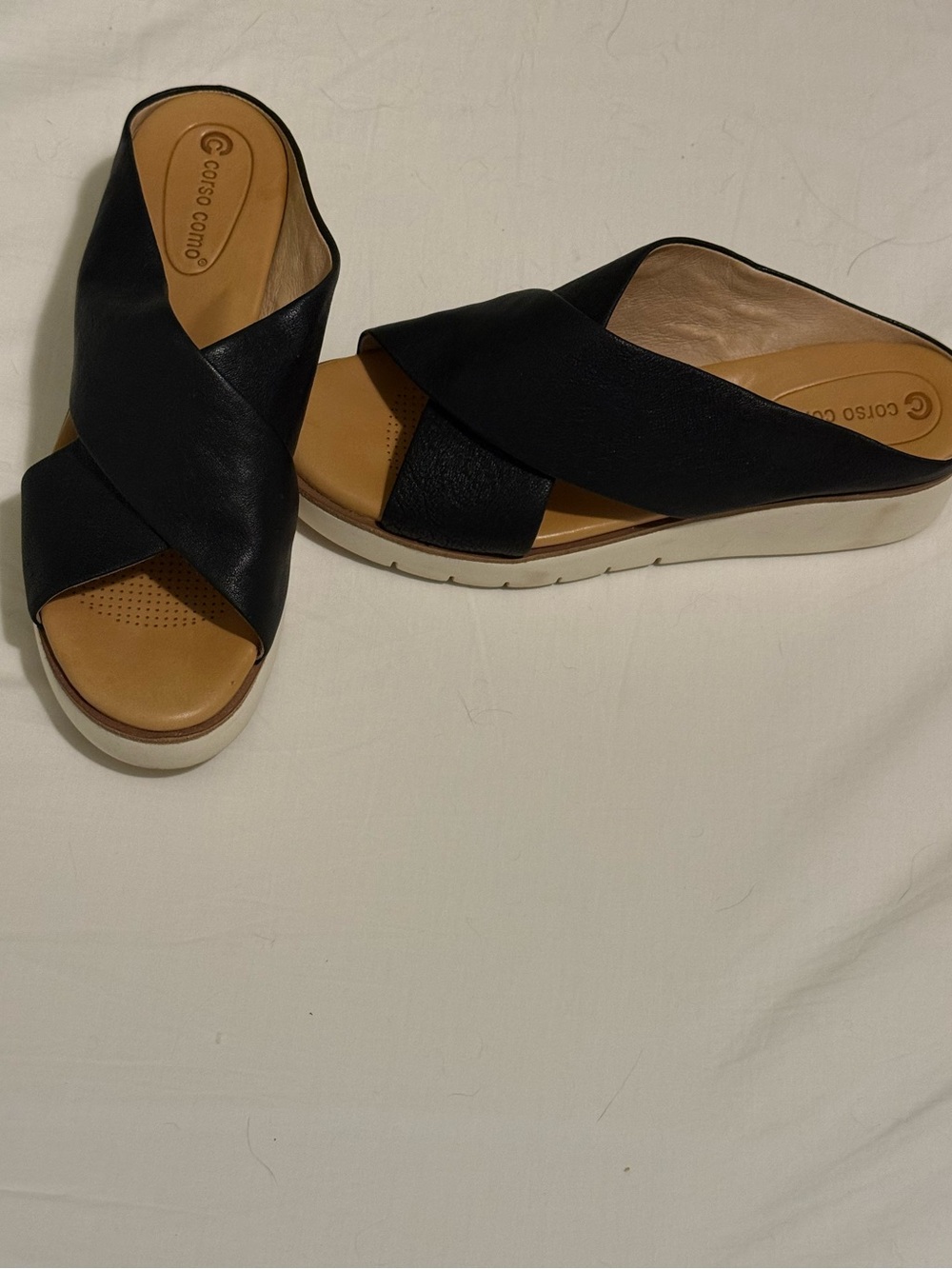 Corso Como Brunna Black Leather Cross-strap Wedge Slide sz 9 - Picture 3 of 9